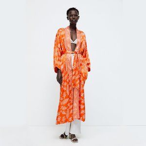 ZARA Long Hanoi Kimono with Belt Sz L Orange and White Leaf Print